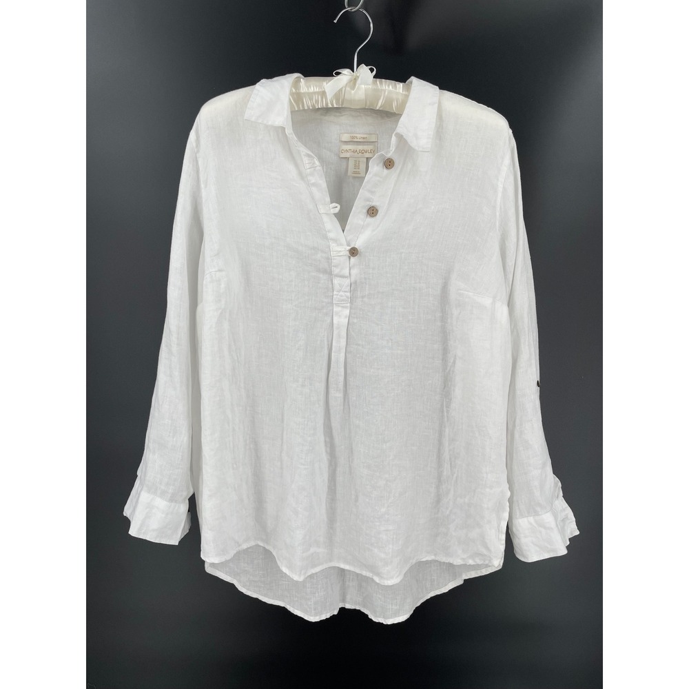 Cynthia Rowley White 100% Linen Tunic Shirt 1X Relaxed Roll Tab Coastal Blouse
